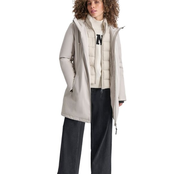 DKNY Womens Hooded Bibbed Zip-Front Puffer Coat size LARGE NWT - Picture 1 of 16